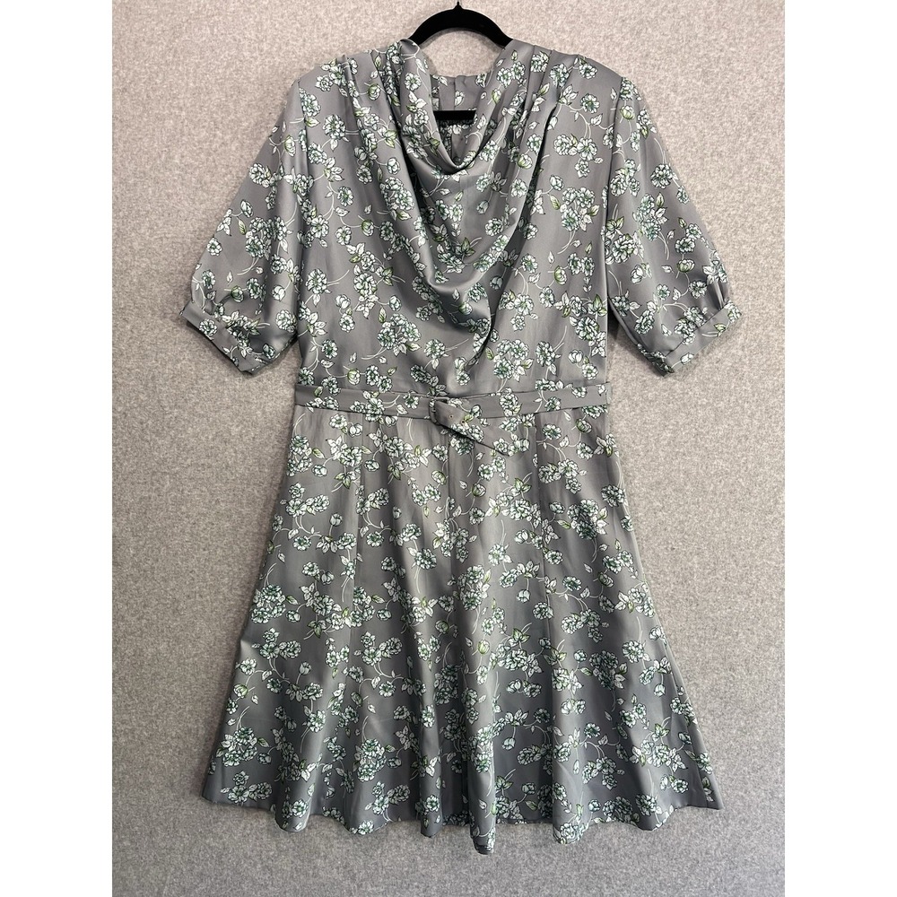 Vintage Handmade Gray Floral Dress Cottagecore Draped Neck Belted Midi